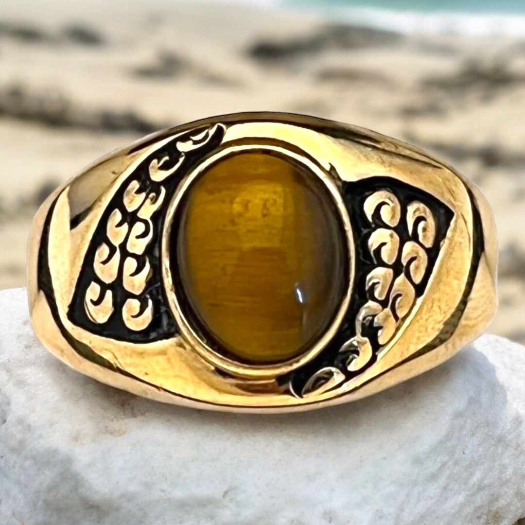 Vintage Ring Size 11 Uncas Tiger's Eye 14K Gold Plate Mid-Century Gent's 14N