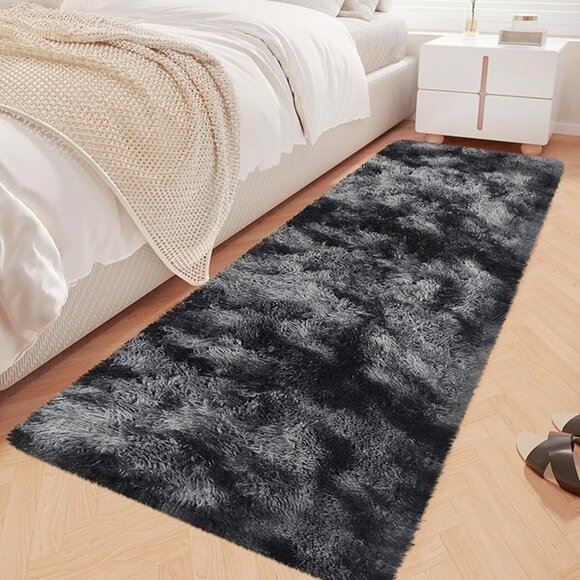 NEW Runner Rug for Bedroom Black Grey 2x6ft Fluffy Area Rug