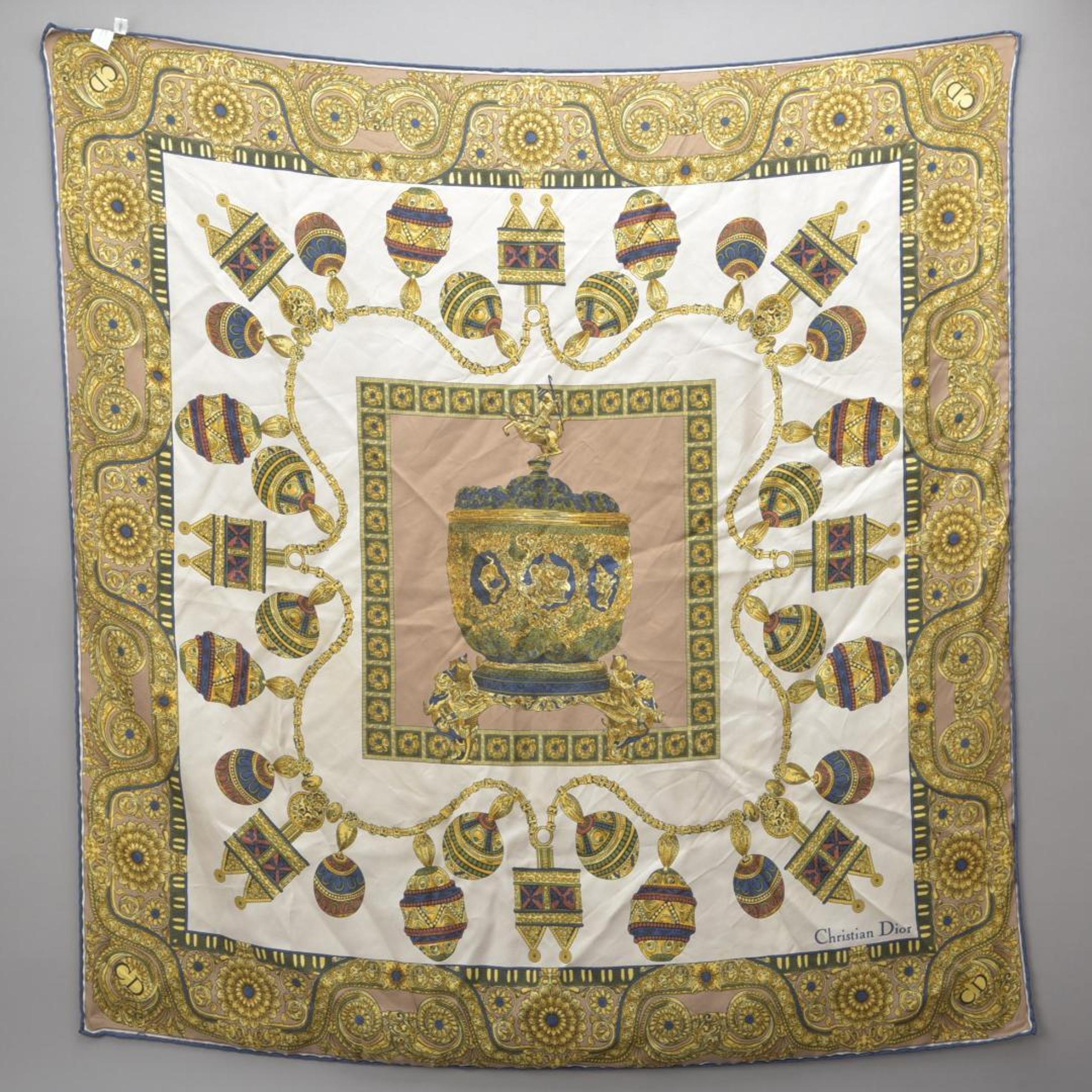 Excellent condition Dior scarf, 82 x 82 cm, gold, white, and brown silk.