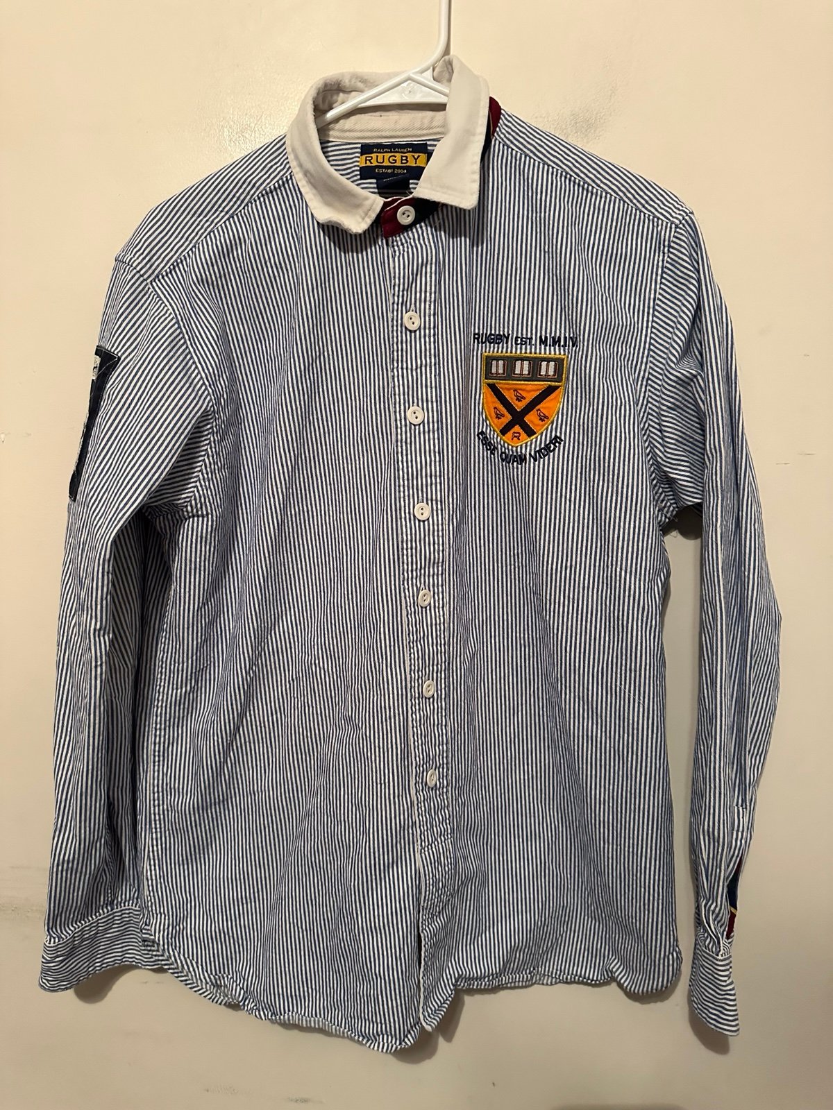Ralph Lauren Rugby Blue Striped Men's Shirt Size Medium Made In Hong Kong