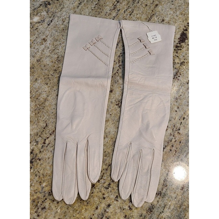 New! Vintage Women Size S 7 Beige Soft Leather Formal 13 Long Gloves Bow Accent