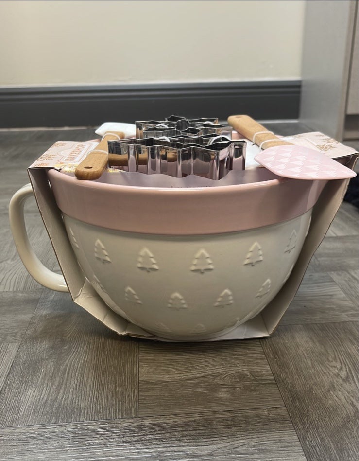 The Bakeshop Pink Christmas Mixing Bowl with Utensils Set