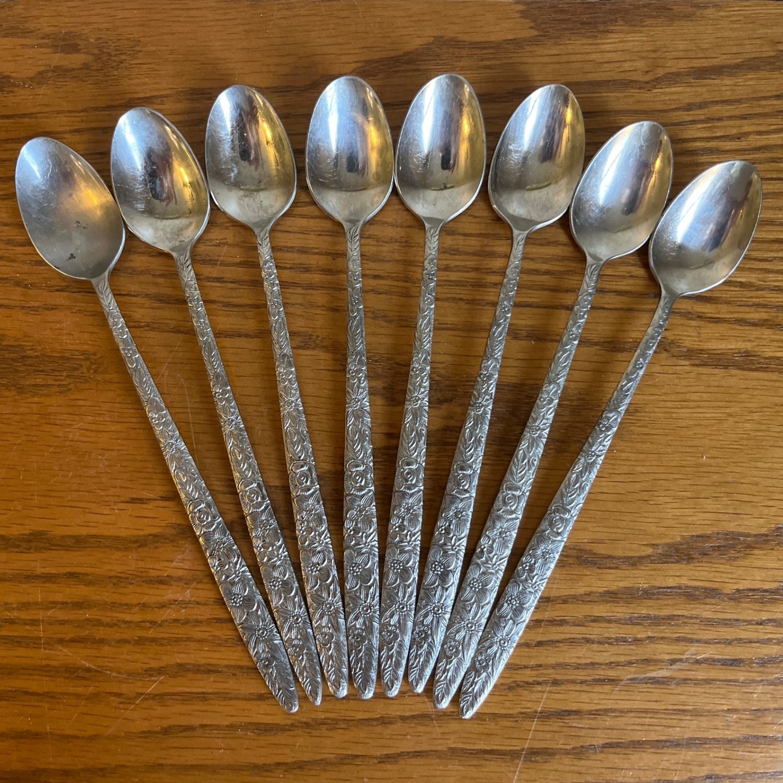 HTF Orleans Silver Iced Tea Spoons Floral Bouquet Vintage Korea Set of 8