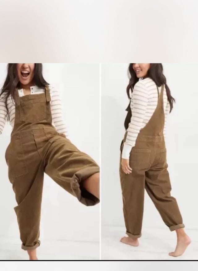 Aerie Werk & Play Corduroy Overalls Brown Frayed Raw Hem WOMENS SIZE S