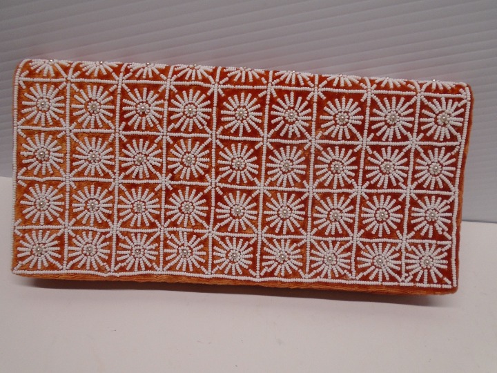 Vintage Velvet Clutch Orange 1960's with white beading and retro handkerchief