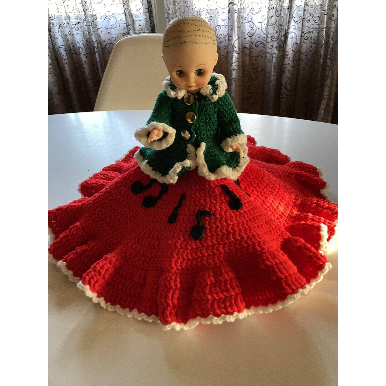 Beautiful Vintage Christmas Holiday Doll Green White Red Crochet Dress 12 inch