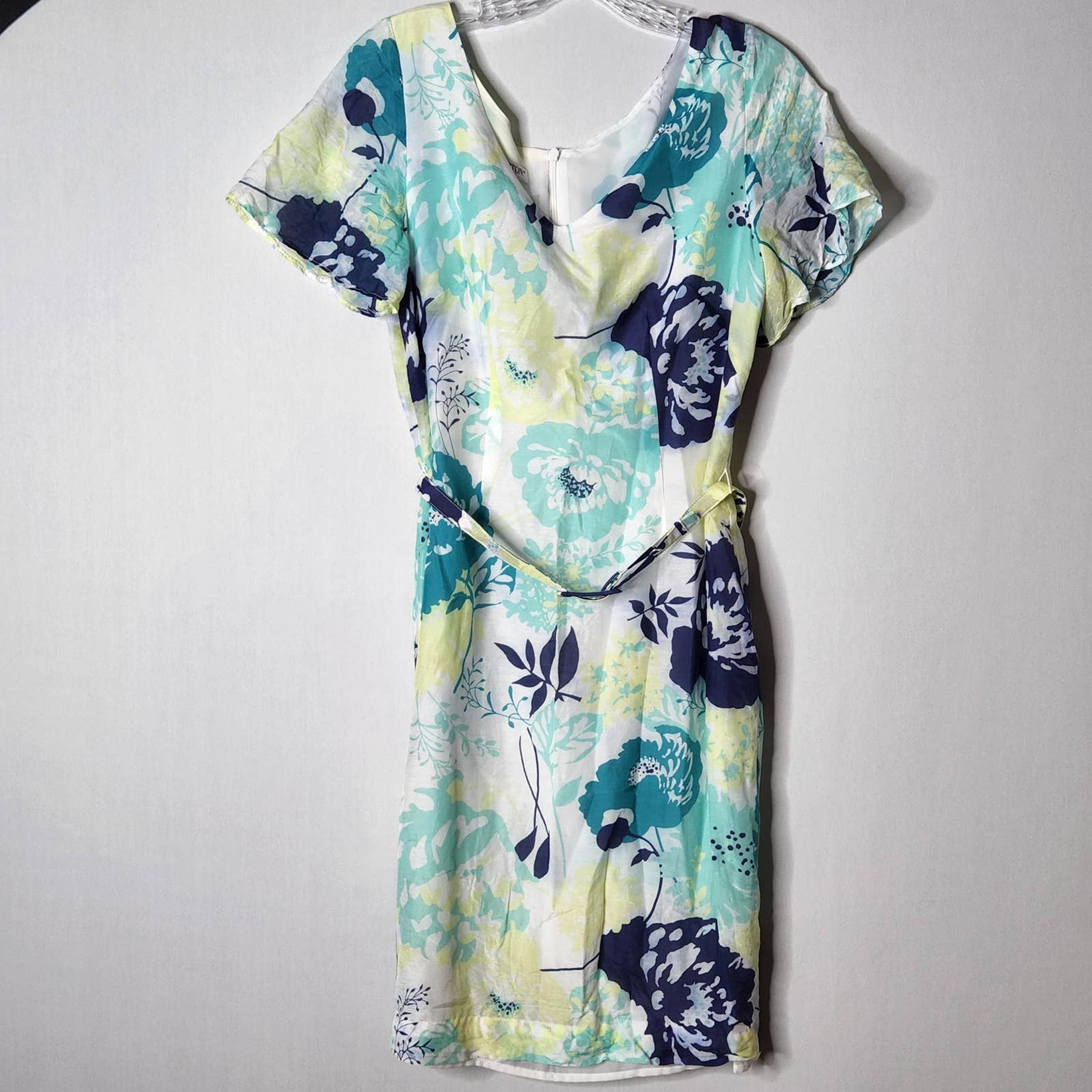 Pendleton Petites Womens Silk Blend Dress Size 6 Blue Yellow Florals Lined Belt