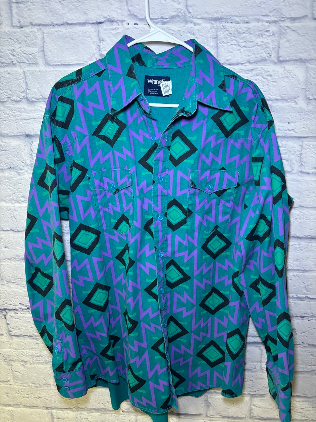 VTG Wrangler Aztec Brushpopper Shirt Sz 17.5 - 35 Rodeo Cowboy 90s Western Teal