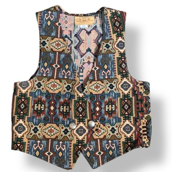 Vintage 90s New Frontier Southwestern Tapestry Vest Earth Tones Silver Conchos