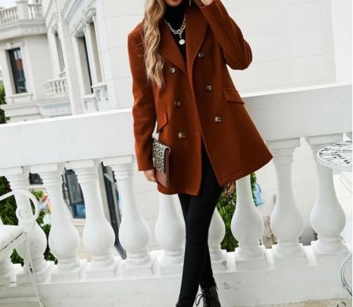 Rust Brown Winter Double Breasted Lapel Collar Long Sleeve Overcoat L5