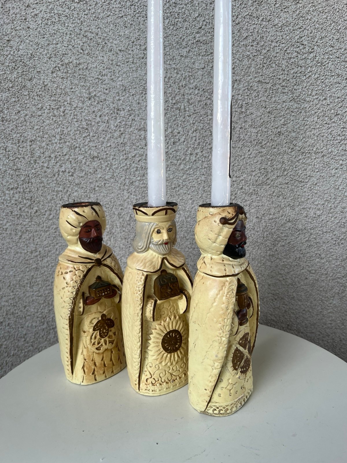 Vintage 3 wise kings candleholder set paper mache by Wales made in Japan.