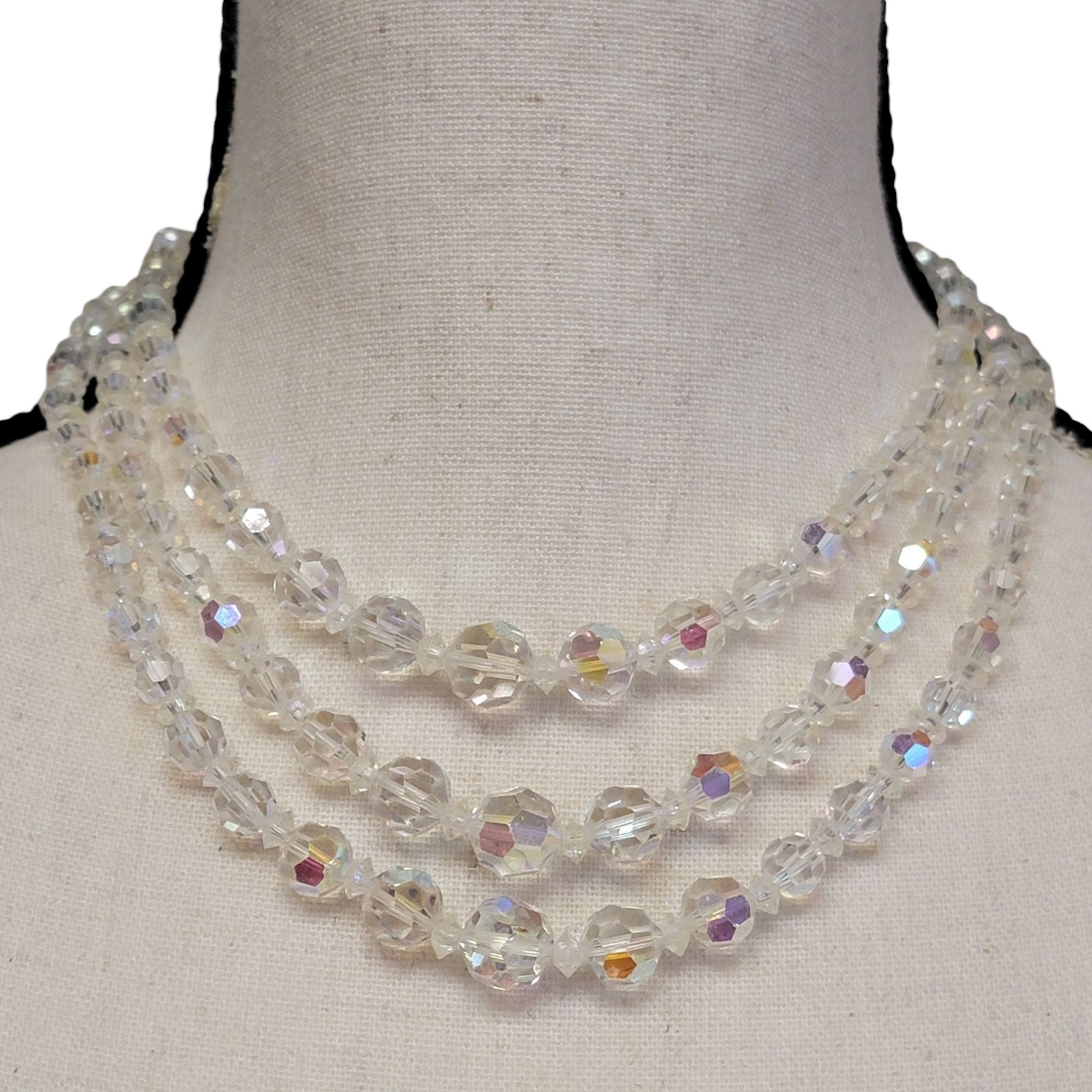 VTG 50s Aurora Borealis Triple Strand Beaded Necklace Choker Glass Clear Beads