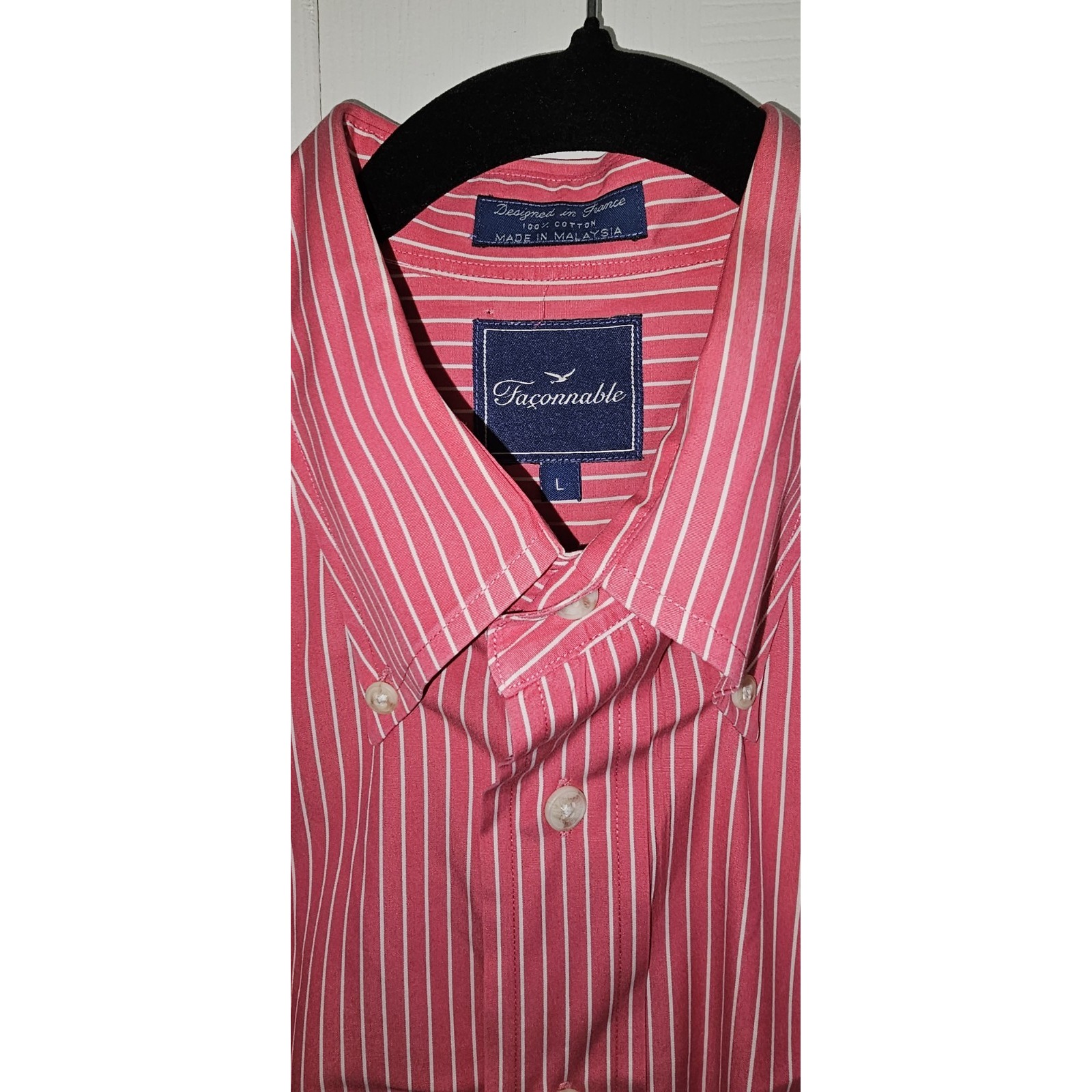 Faconnable 100% Cotton Shirt Large Pink Stripe classic Short Sleeve Button Down