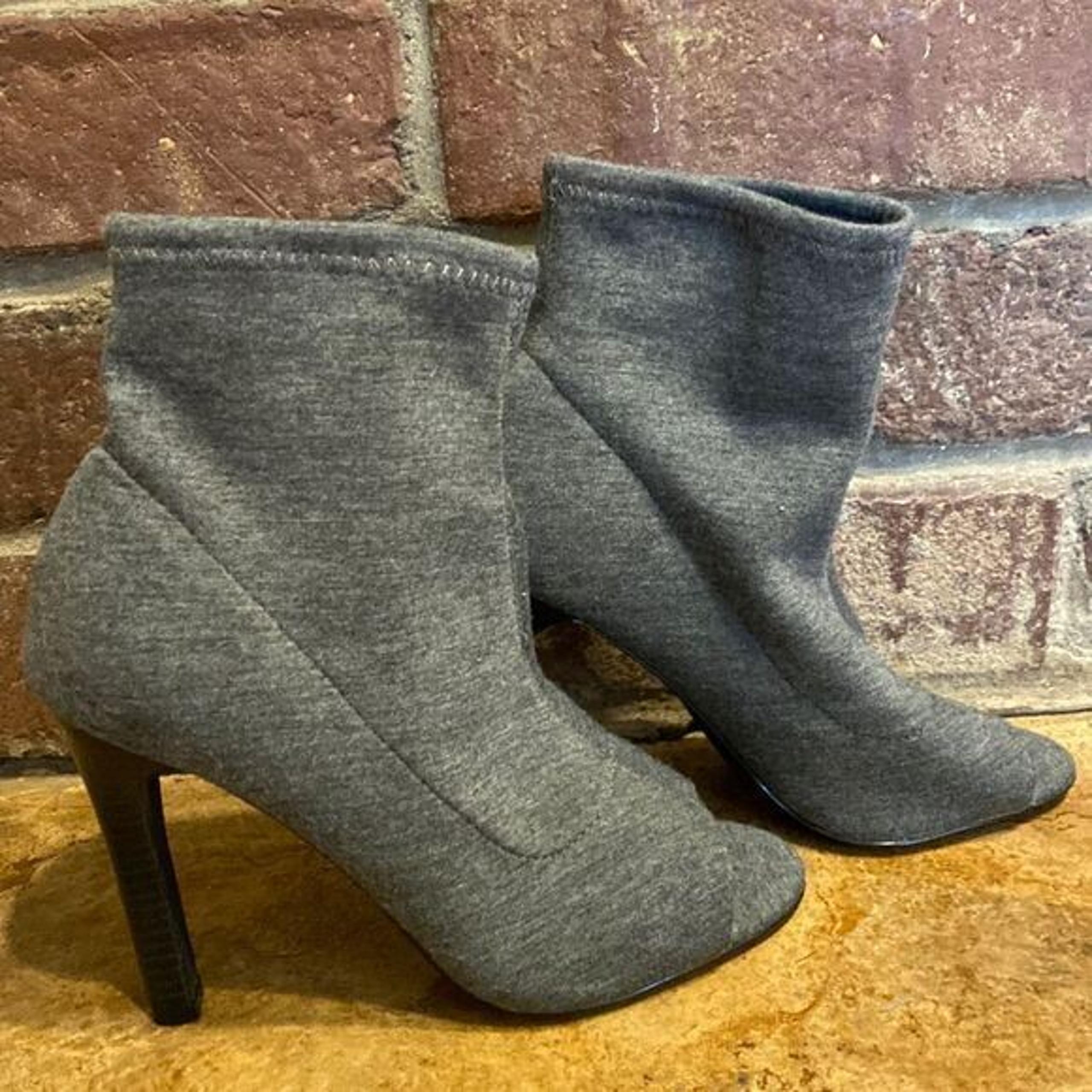 Brian Atwood grey heather stretch knit fabric peep toe heeled booties