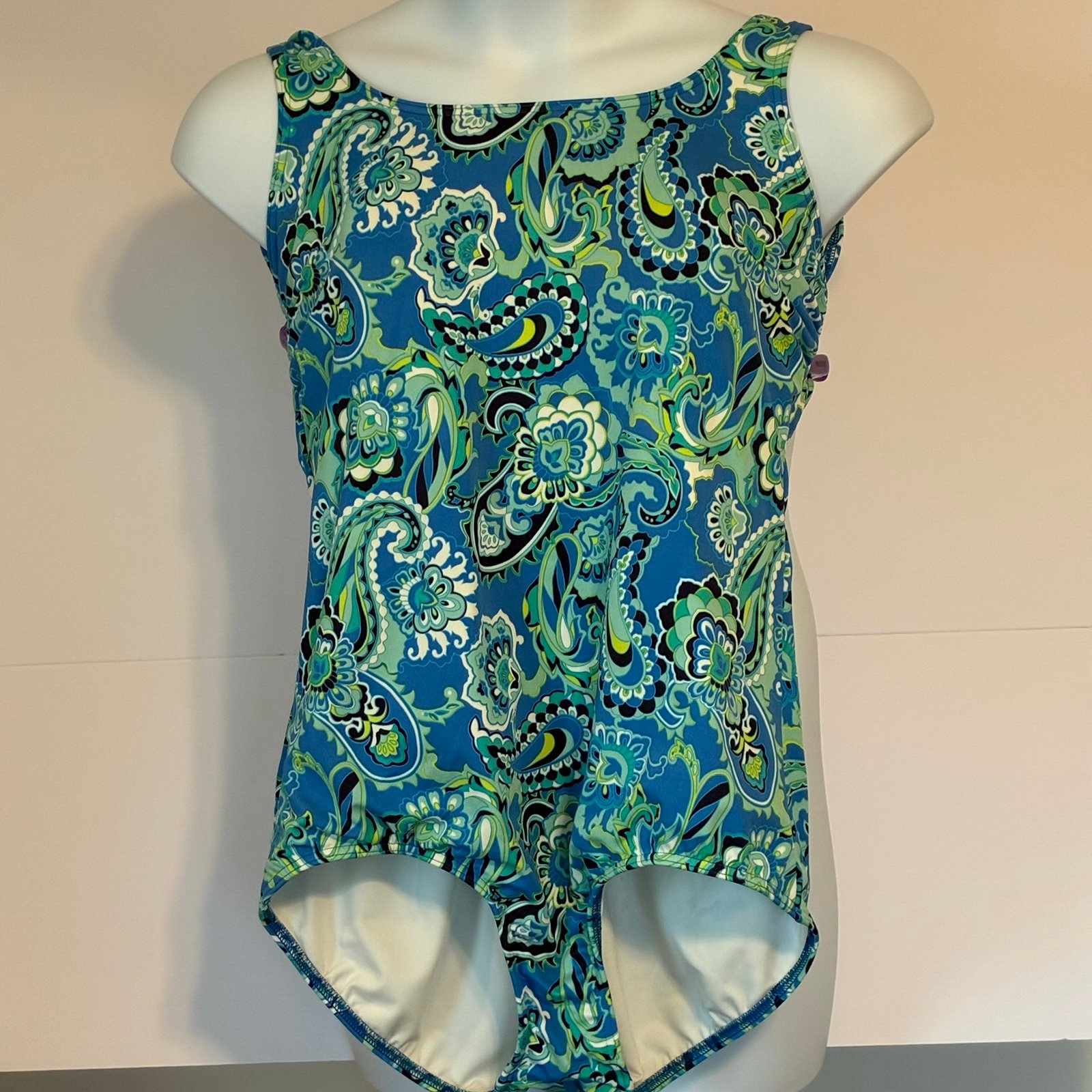 Lands’ End Blue Green Paisley Print Fully Lined One Piece Swimsuit Size 16DD