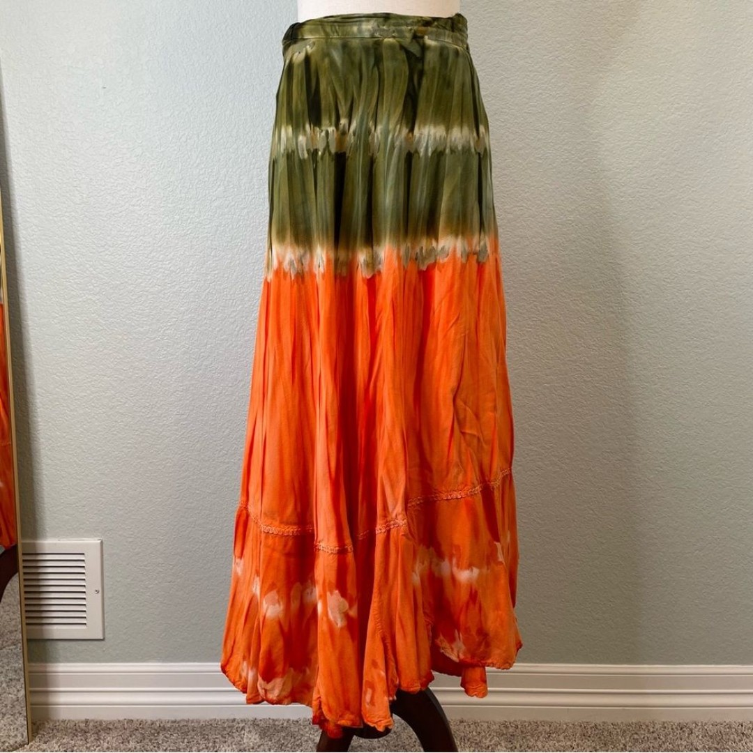 Belma New York Vintage 90s Y2K Orange Green Tie Dye Wrap Adjustable Maxi Skirt