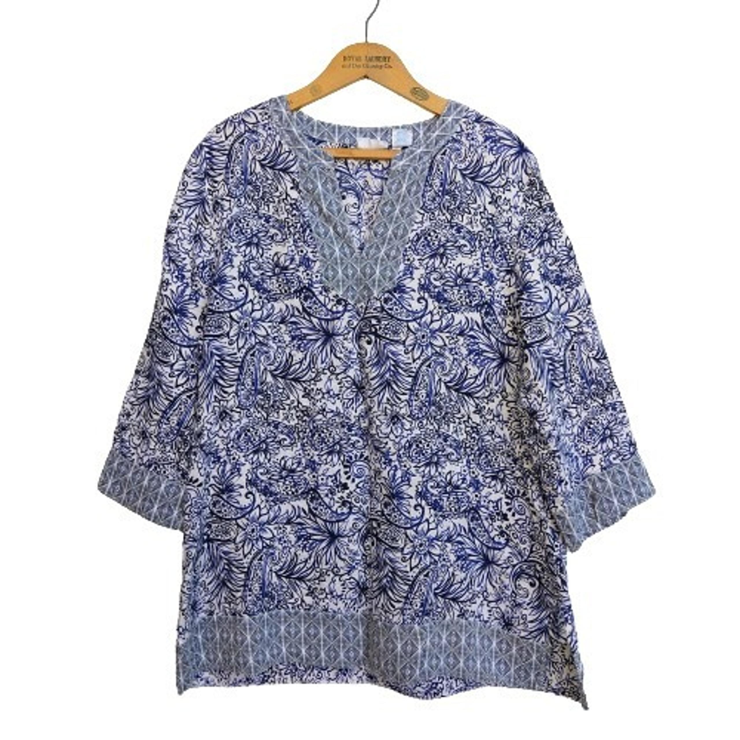 Sigrid Olsen 100% Linen Tunic Top Size L Floral Boho Print Half Sleeve Lagenlook