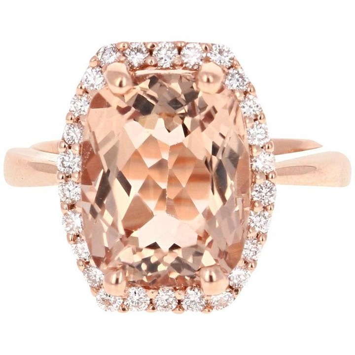 6.85Ct Natural Cushion Peach Morganite & Diamond Halo Solitaire Ring 14k Rose