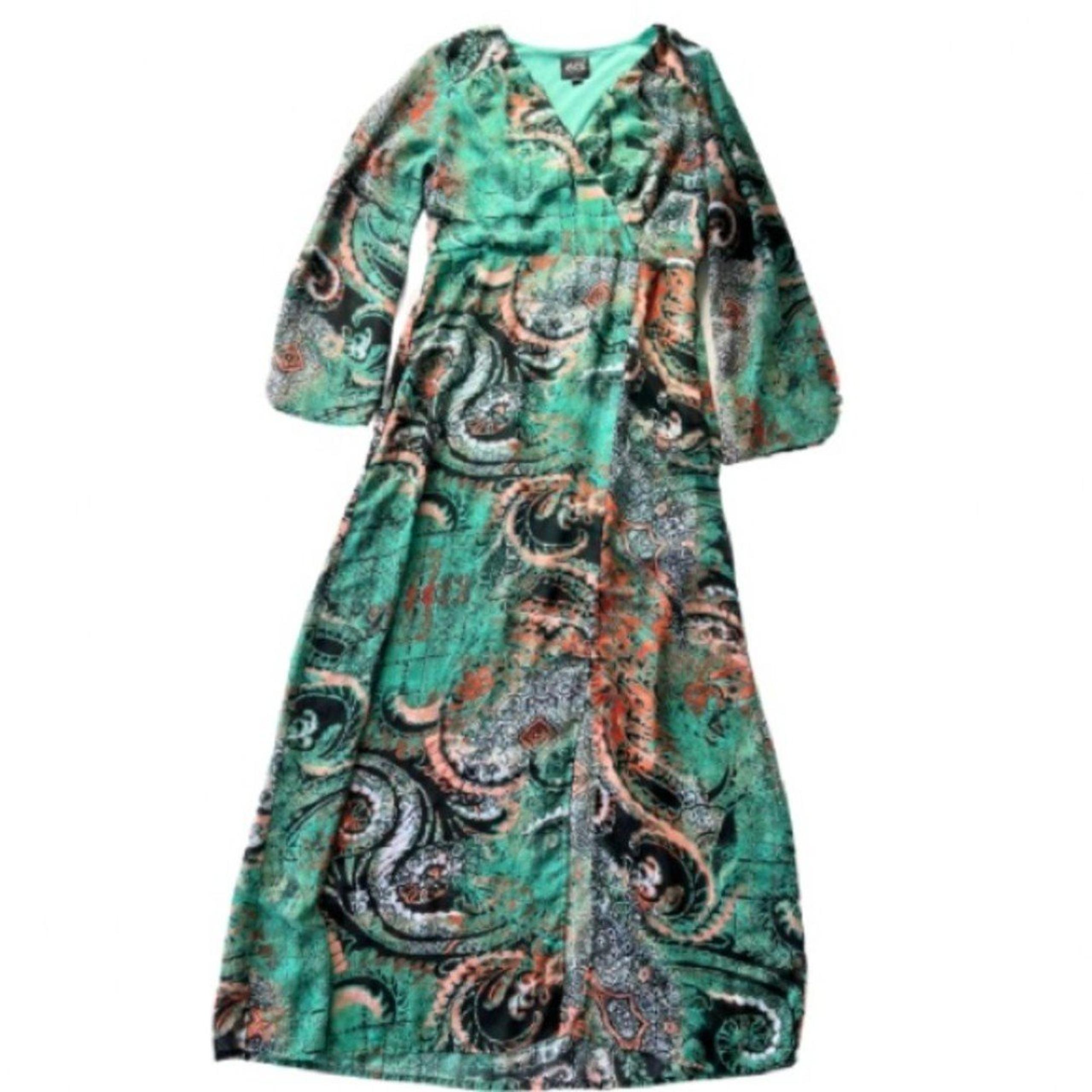ECI New York Women’s Chiffon Maxi Dress Bell Sleeve Teal Blue Boho Size 8