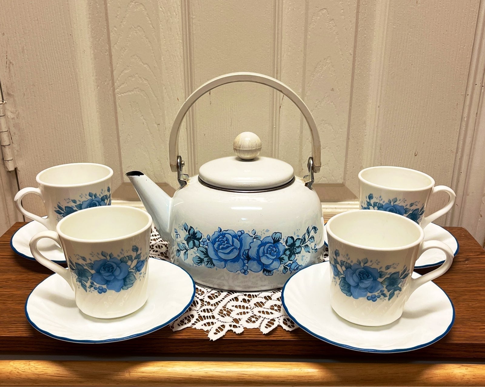 Corning Corelle Blue Velvet 10 pc-Tea Kettle +cups & saucers