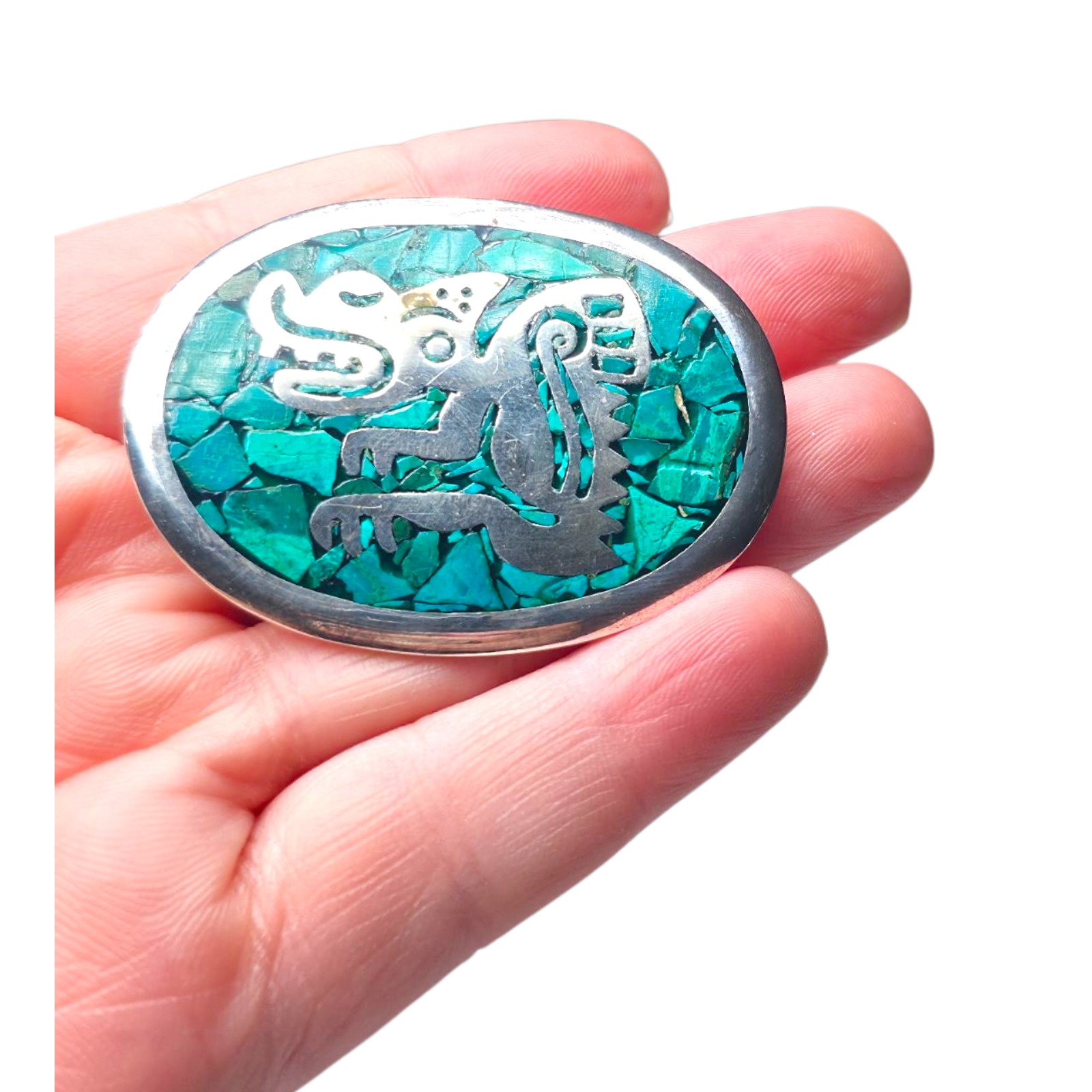 Old large sterling Mexico, Mexican silver, unique, Turquoise inlay, pin, pendant