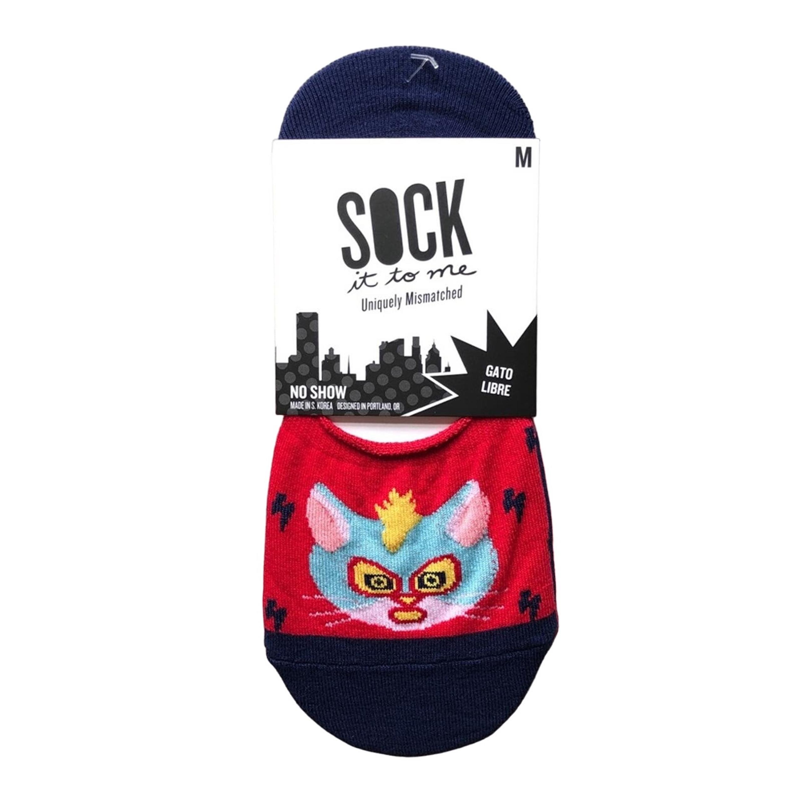 Sock It To Me Red Limited Uniquely Mismatched Cat Luchador Wrestler No Show Sock