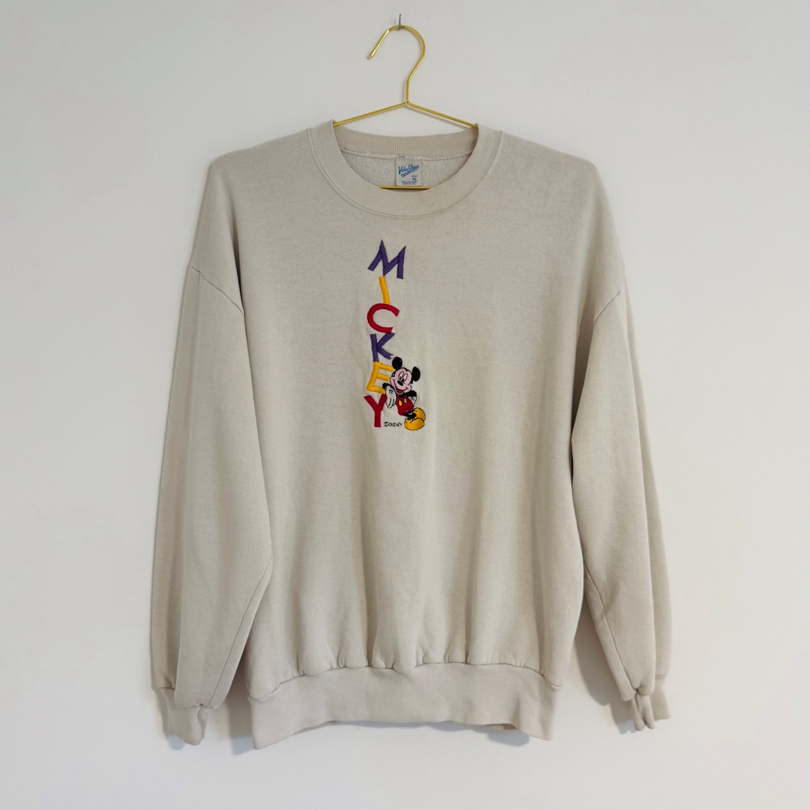 Velva Sheen Vintage 90s Embroidered Disney Mickey Mouse Sweatshirt Beige Size XL