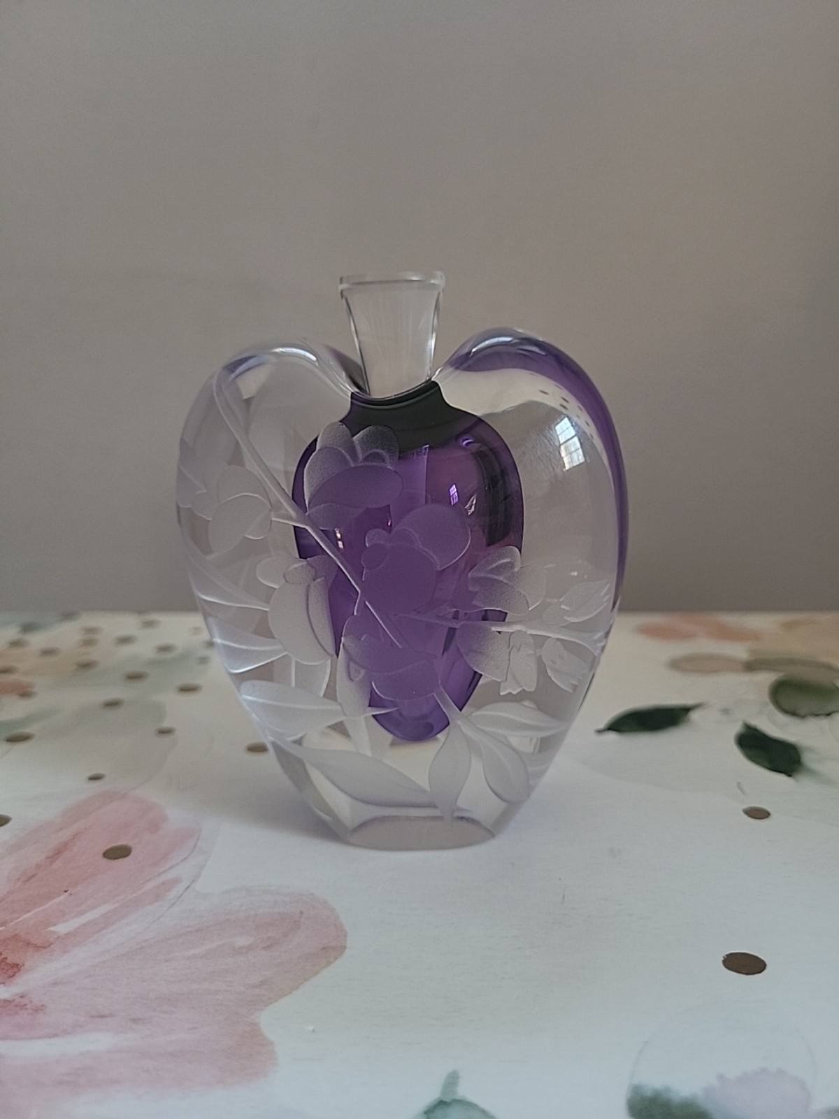 Vintage Glass Perfume Bottle Etched Flowers Zellique Studio Phyllis Polito 1987
