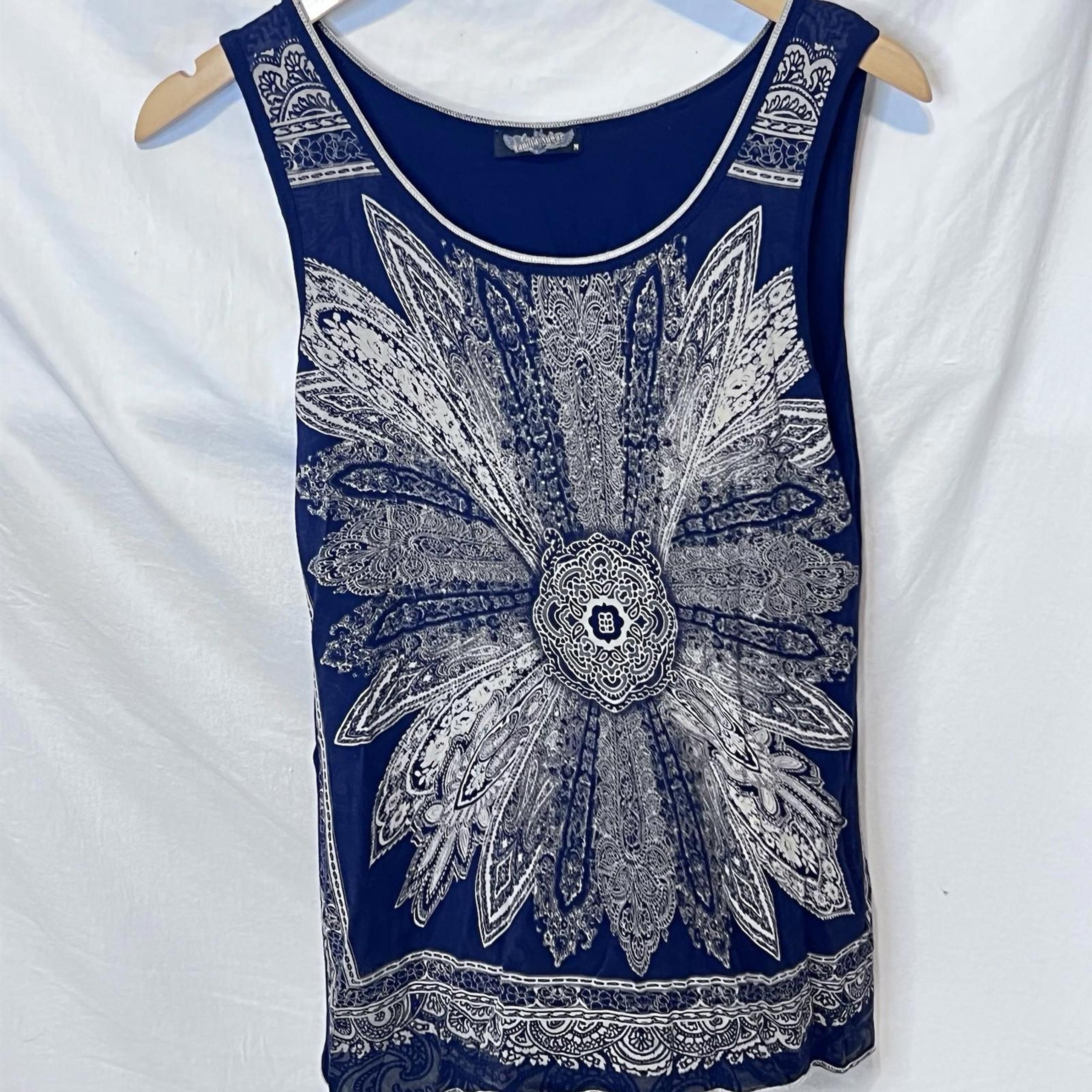 Vanilla Sugar Relaxed Sleeveless Tank Top Med Navy Blue Floral Design EUC