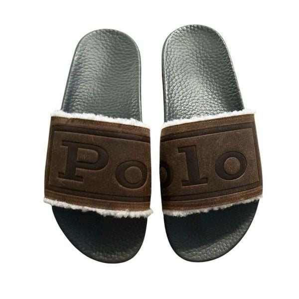 Polo Ralph Lauren Faux Fur Slides Sandals Brown Leather Cayson Men's Size 14