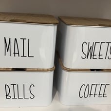 4 Handmade Lettering Metal Bins with Wooden Lids