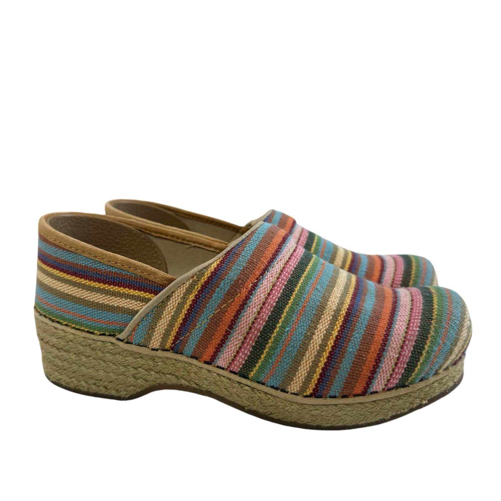 Dansko Vegan Cabana Multicolor Striped Woven Jute Heel Clogs Size 38/ US 7.5-8