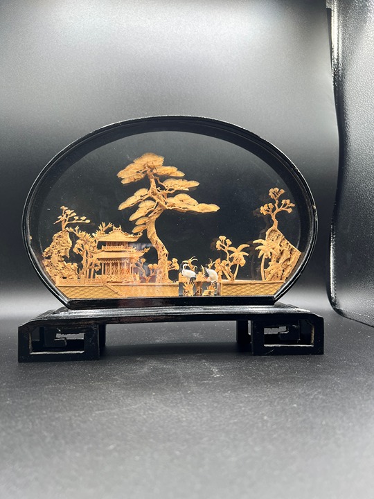Vintage Chinese SAN YOU Diorama Cork Art Pagoda Trees Cranes Archway