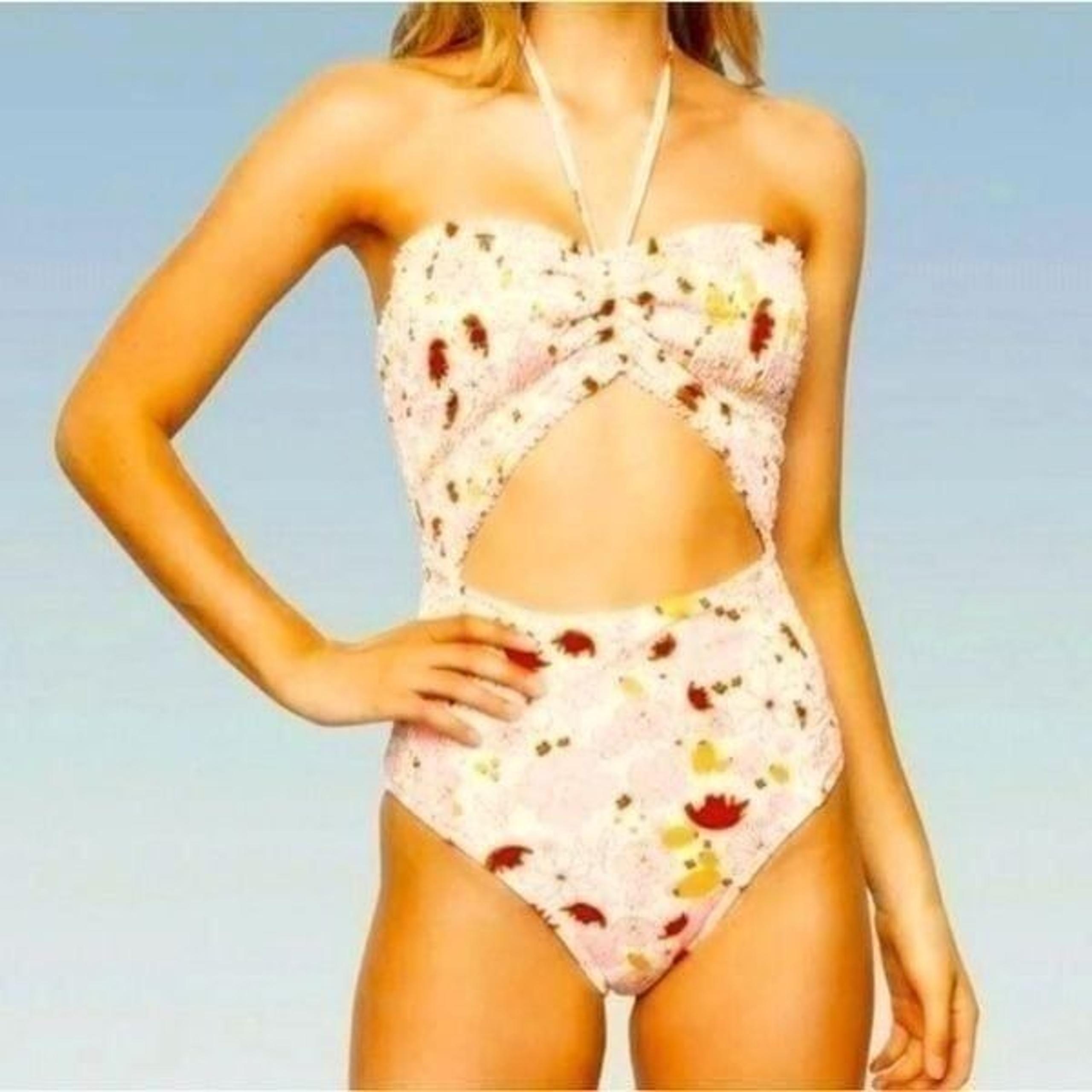 NWT Lolli Swim Floral Smocked Cut Out Halter Swimsuit Cream 1 piece - Size 1XL