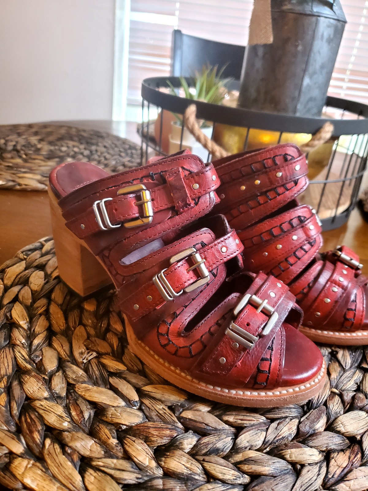 FREEBIRD Caitlyn Red Leather Mule Sandals Buckle Studs Block Heel Distressed