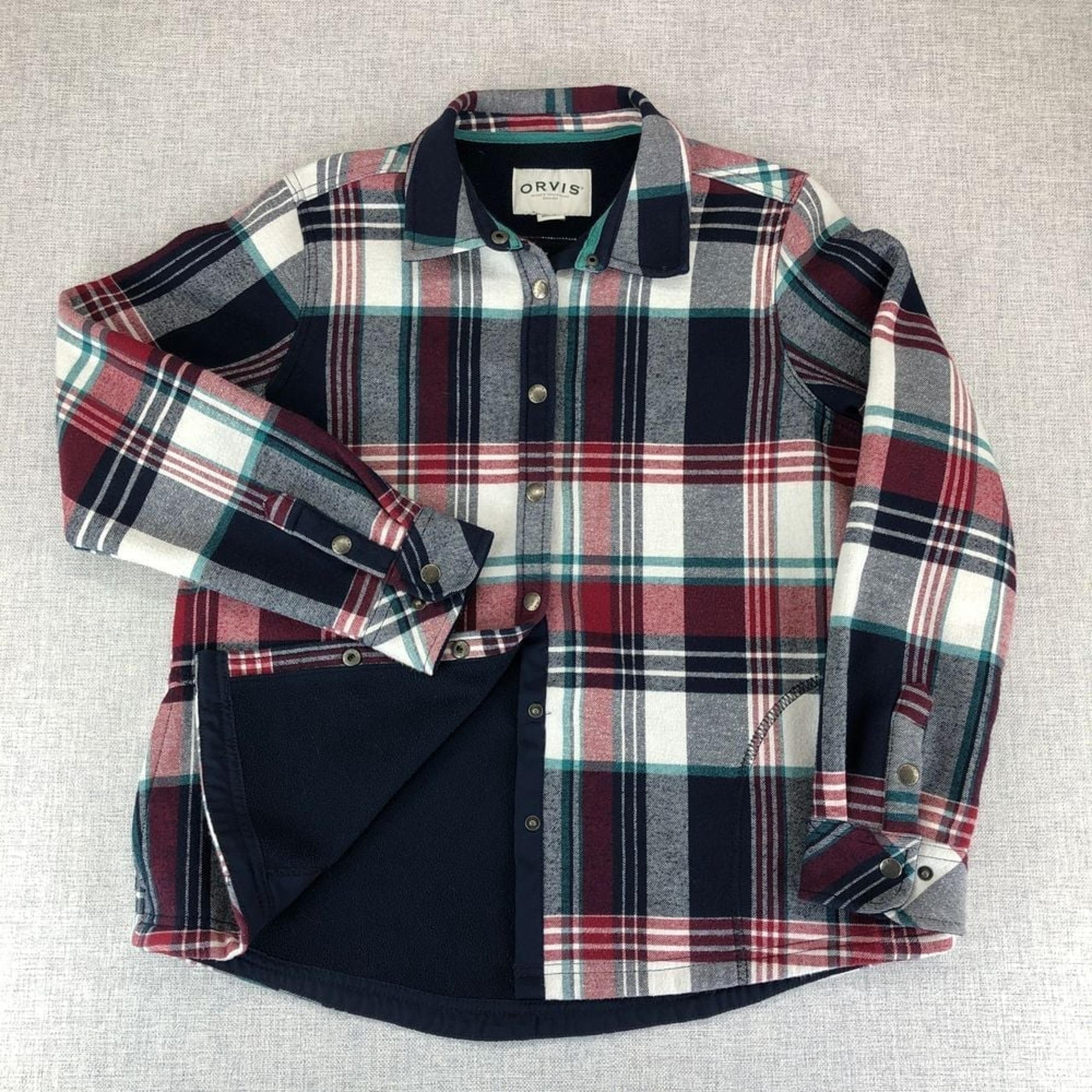 Orvis Flannel Lined Shirt Jacket Women's Large Plaid Snap Button Pockets Warm