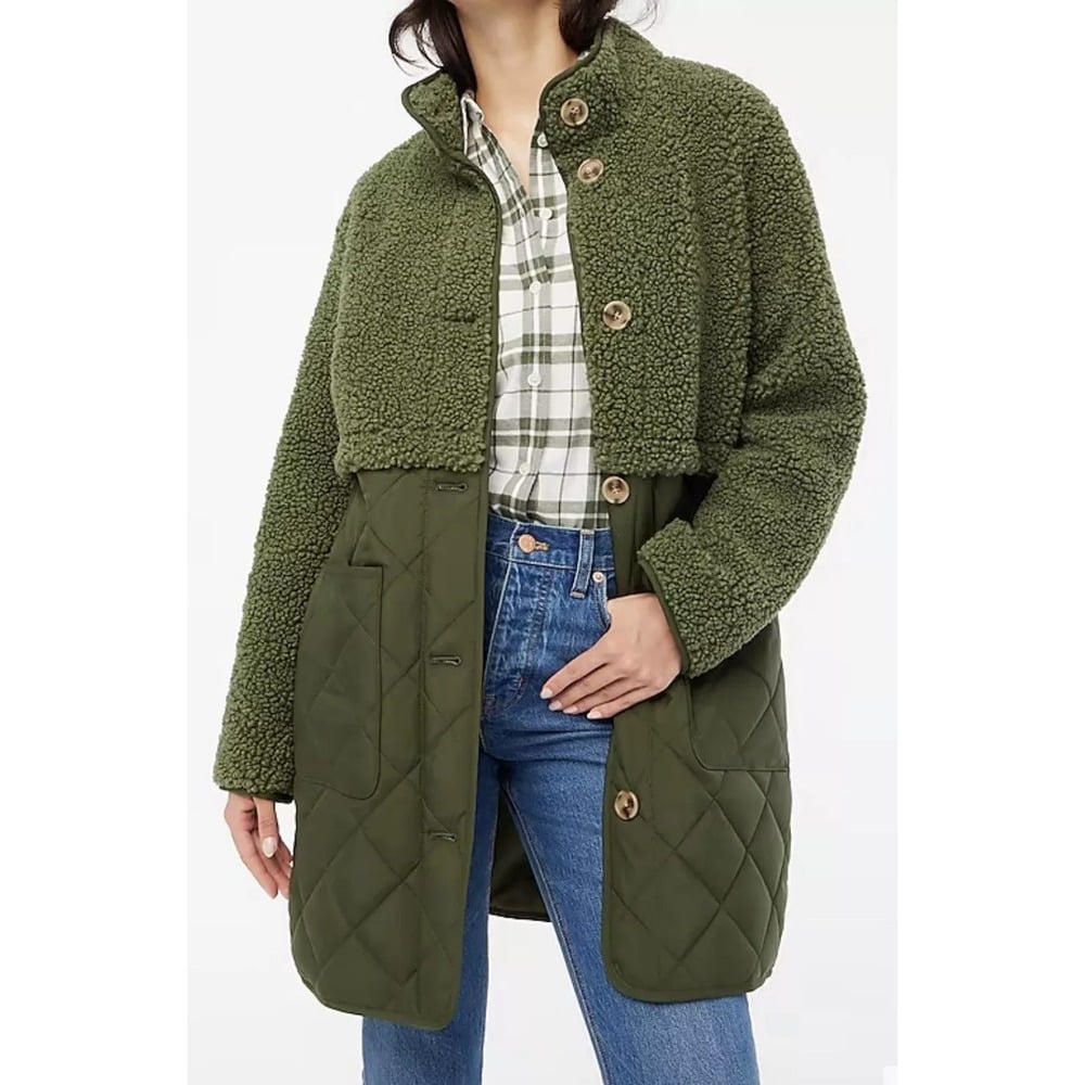 New J.Crew Factory Mixed Media Quilted Olive Green Button Front Teddy Jacket 3X