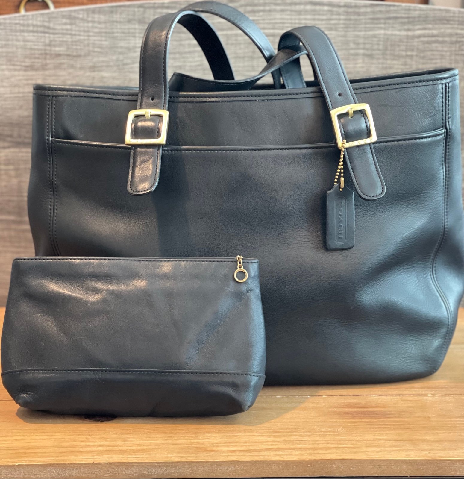 Coach Vintage Legacy Black Leather Travel Tote 6006 with matching Cosmetic Bag