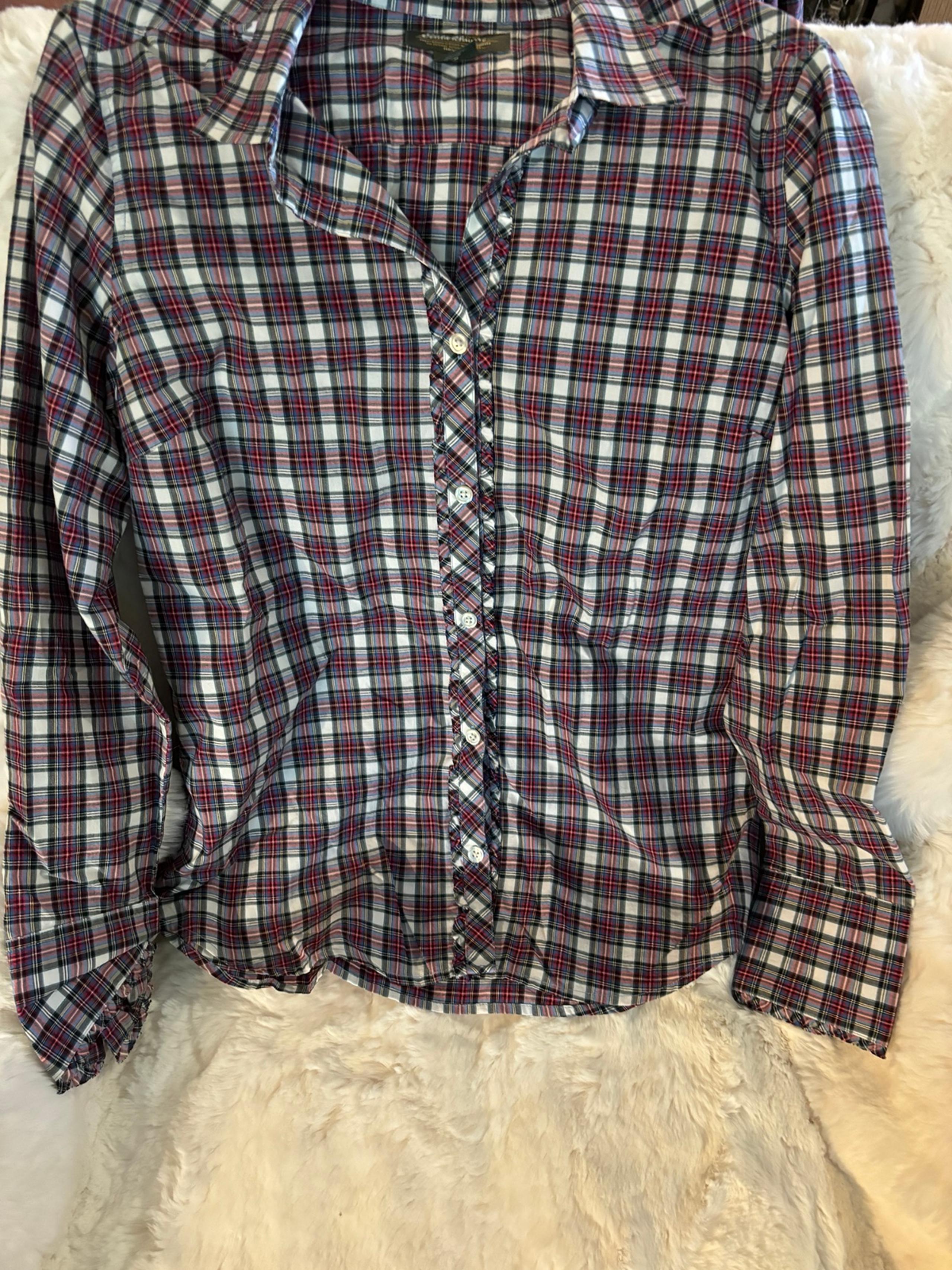 Eddie Bauer Women’s Plaid Blouse with Ruffle Detail, 100% Cotton, Medium