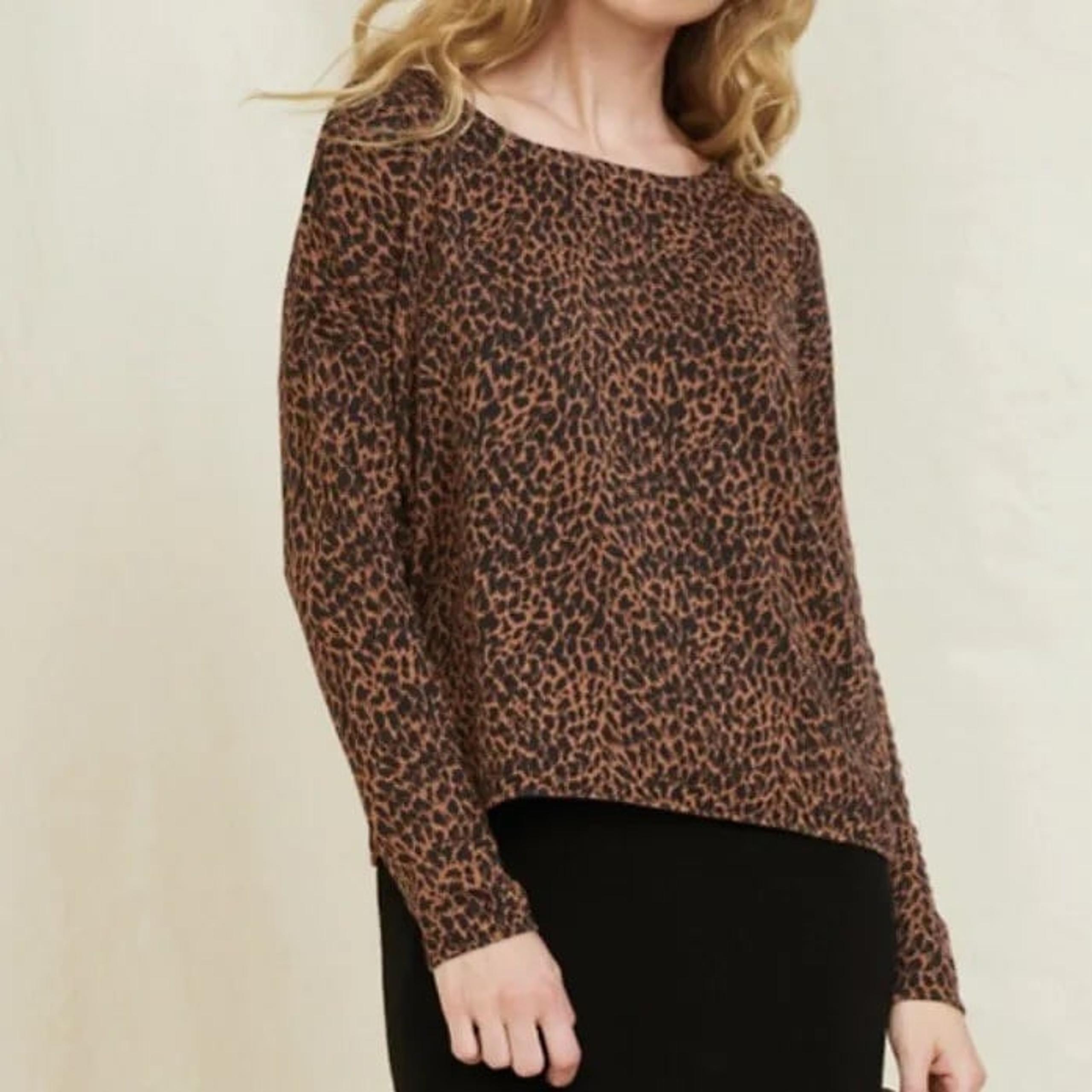 Garnet Hill Silk Cotton Blend Leopard Oversized Sweater Size M Coffee & Black