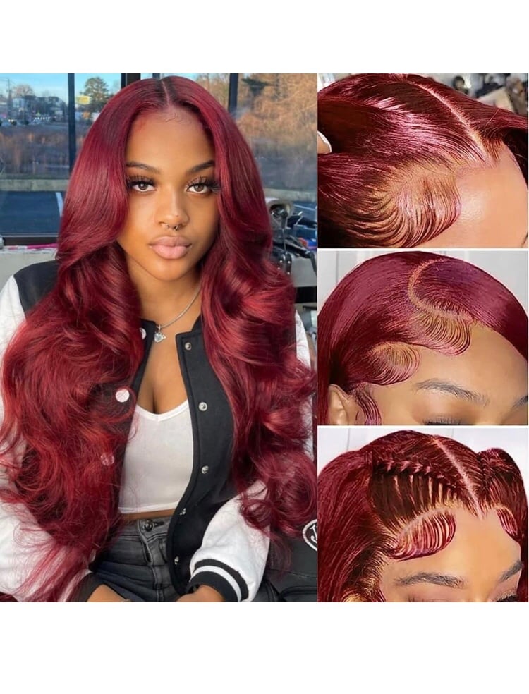 99j Burgundy Body Wave Lace Front Wigs Human Hair 180 Density 13x4 22”