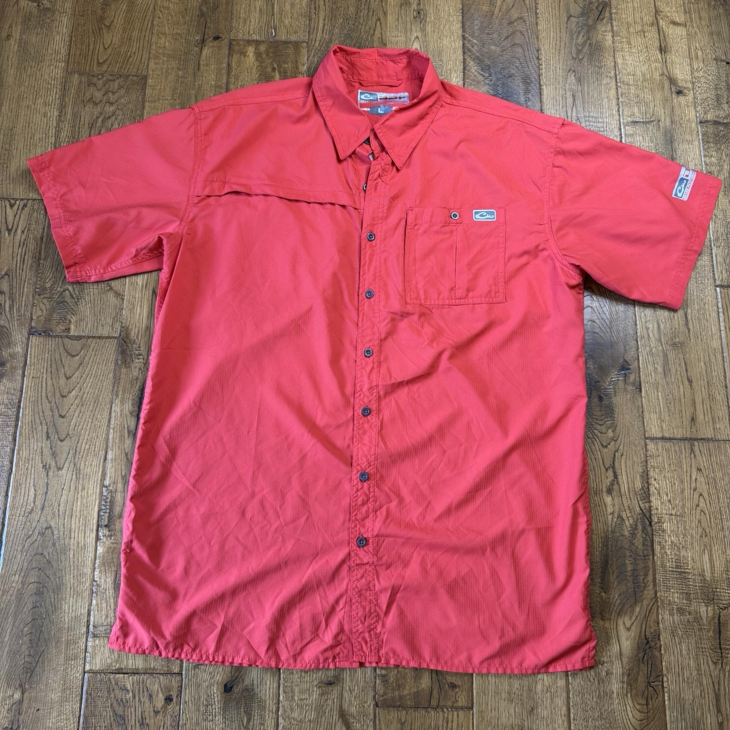 Drake Performance Fishing Shirt Men’s L Vented Red Button Up Lightweight Pockets