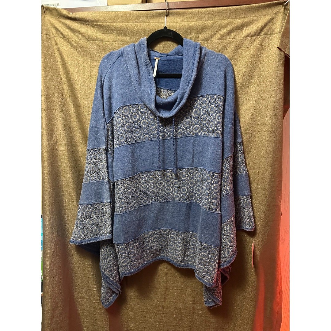 NWT Free People Crochet-Lace French Terry Poncho Distressed Size Medium Blue