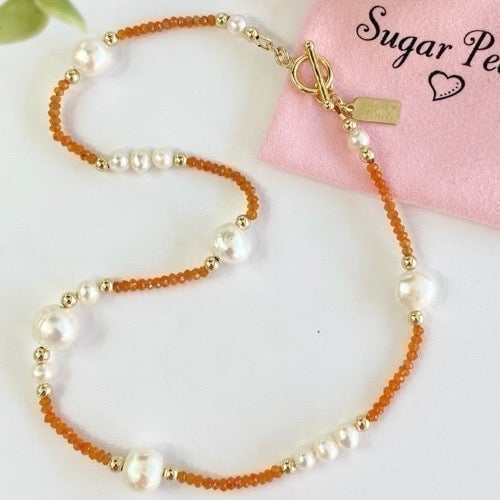 Freshwater Pearl, Carnelian & 14K Gold Necklace