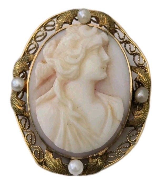 Antique 1910s Pink Shell Cameo 10k Gold Filigree Seed Pearl Pendant Brooch