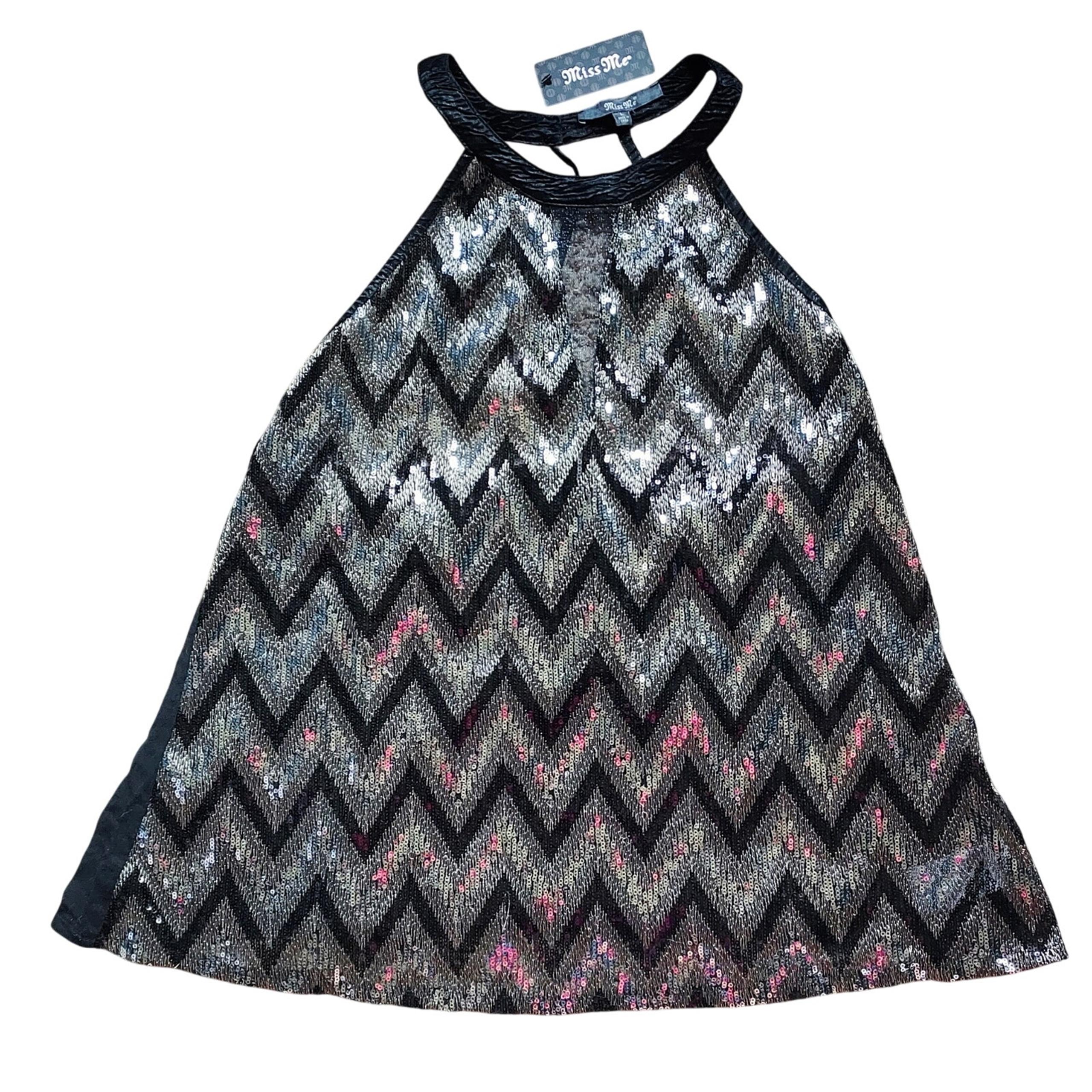 NEW Miss Me Chevron Silver Shimmery Blingy Sequins Women's Halter Top Size LG