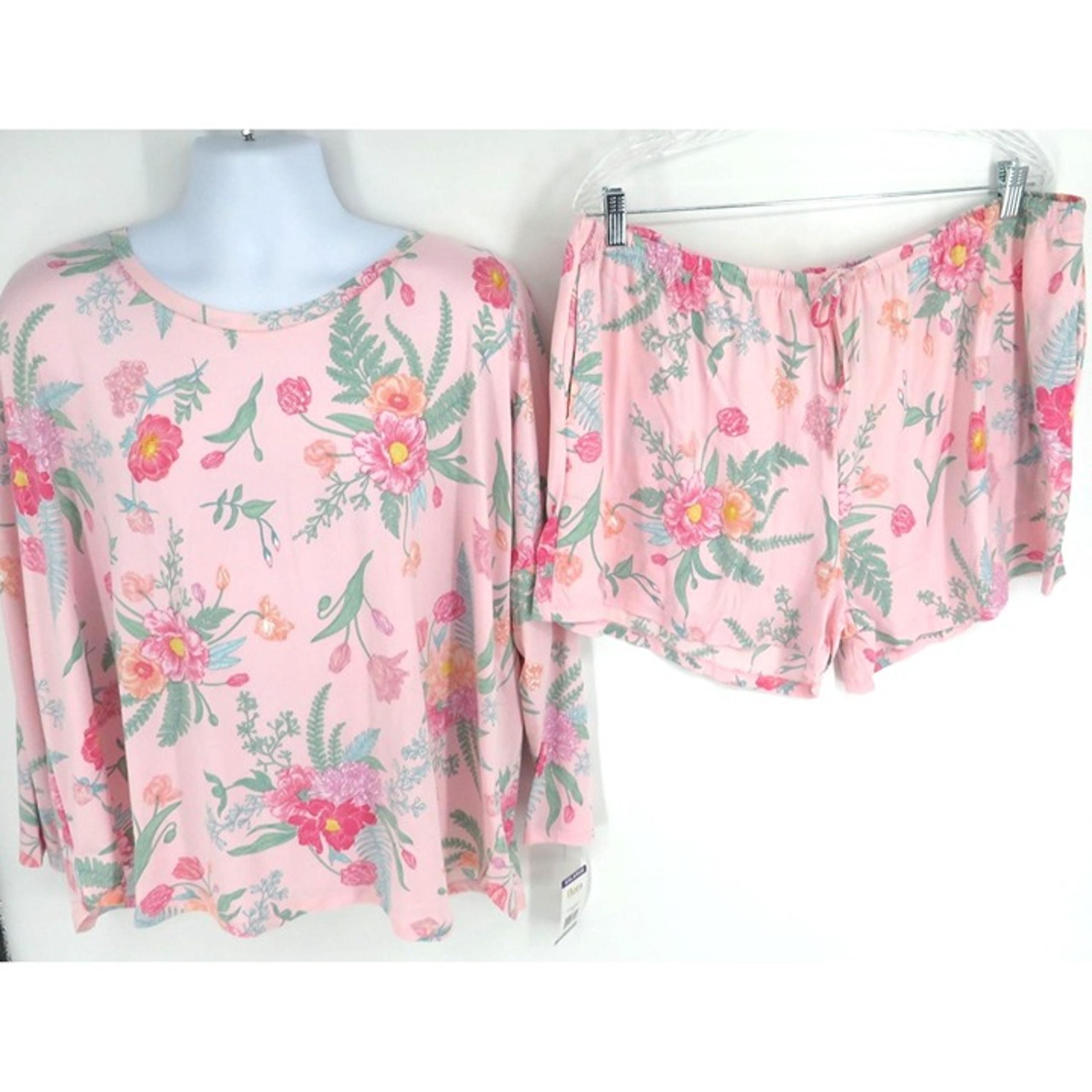 Flora Nikrooz Women's XXL Pink Floral Pajama Set Long Sleeve Top Shorts NWT