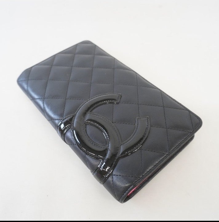 Auth Chanel Bi-fold Wallet Silver Metal Fittings Women's Cambon Ligne, Leather