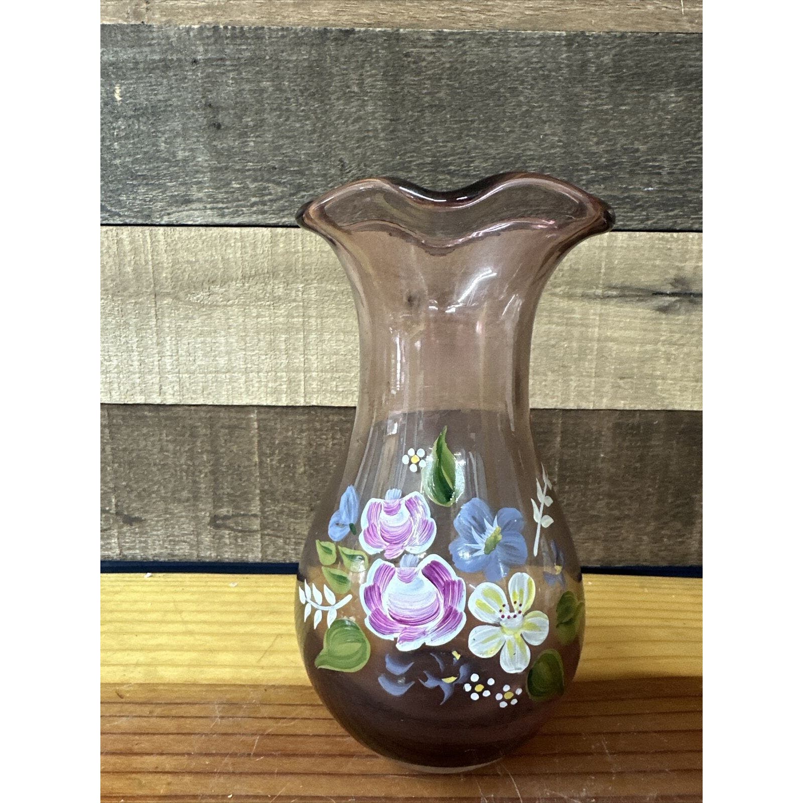 Fenton Glass Designed Vase for Teleflora Purple Amethyst Hand Painted Flowers 8