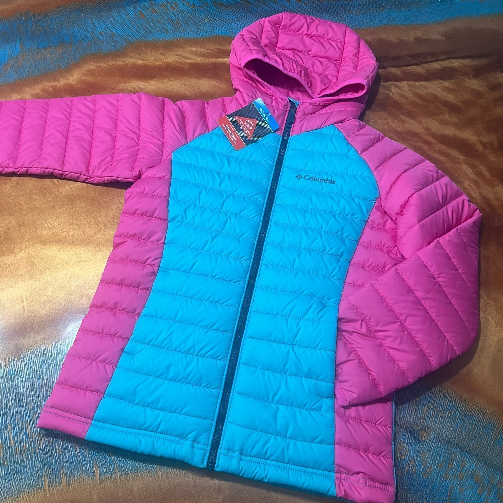 NWT Columbia Powder Lite Insulated Hooded Jacket Pink Blue Medium 10/12 Omni Hea